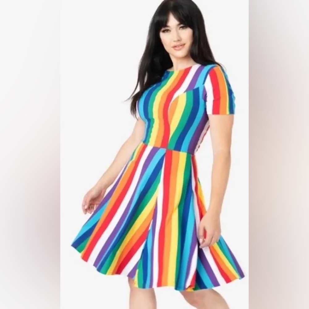 Unique Vintage Rainbow Stripe Margot Fit & Flare Dress Sz M